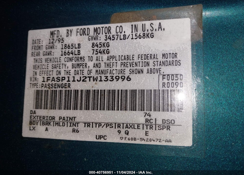 1996 FORD ESCORT LX VIN: 1FASP11J2TW133996