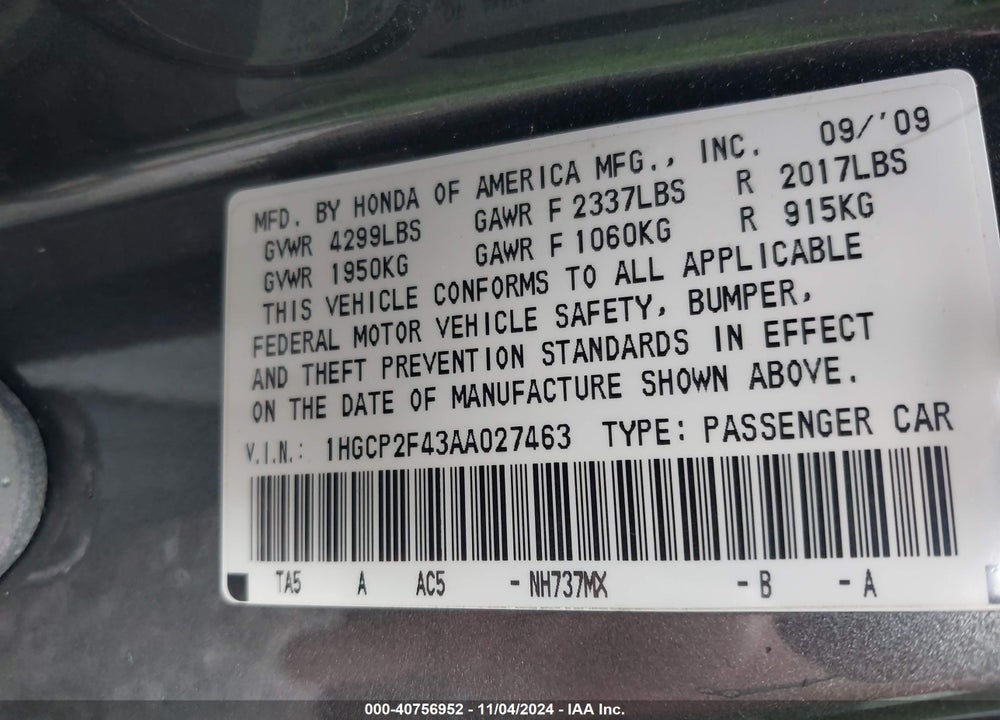 2010 HONDA ACCORD 2.4 LX-P VIN: 1HGCP2F43AA027463