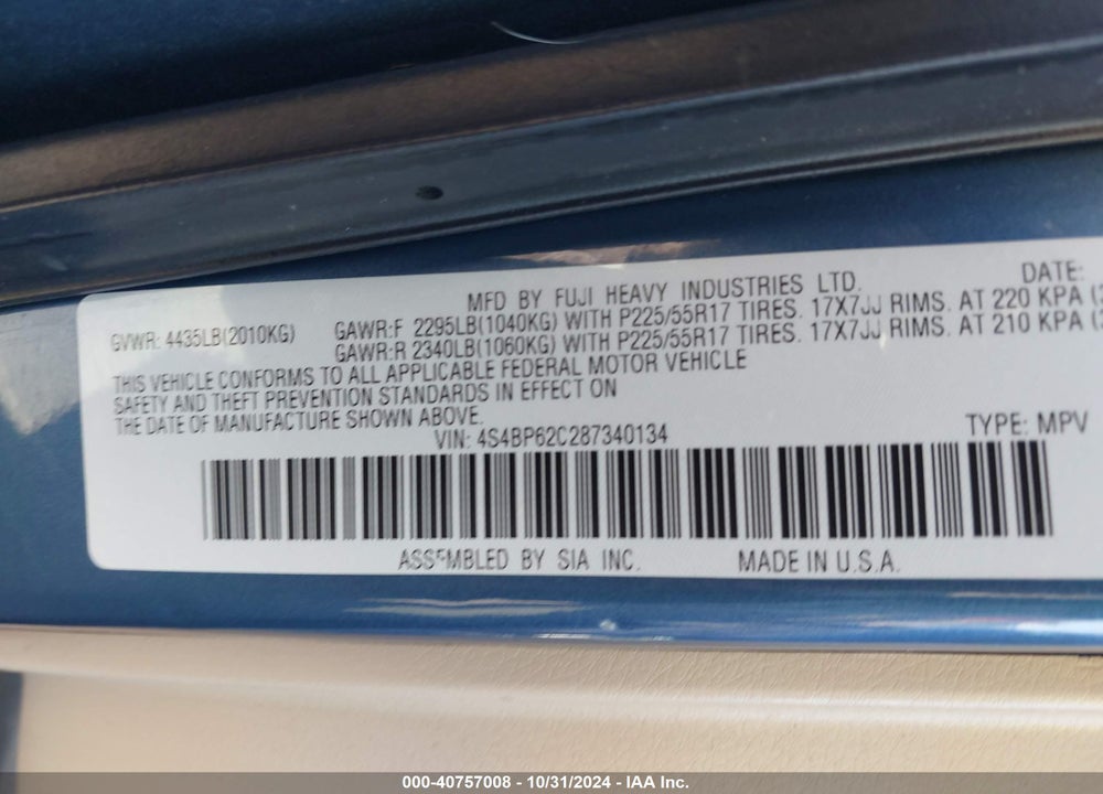2008 SUBARU OUTBACK 2.5I LIMITED/2.5I LIMITED L.L. BEAN EDITION VIN: 4S4BP62C287340134