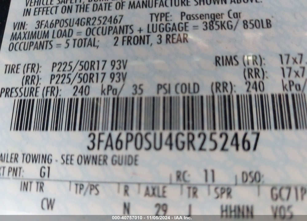 2016 FORD FUSION ENERGI TITANIUM VIN: 3FA6P0SU4GR252467