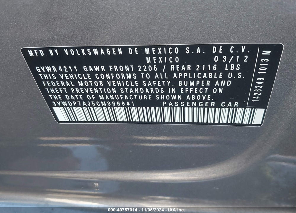 2012 VOLKSWAGEN JETTA 2.5L SE VIN: 3VWDP7AJ5CM396941