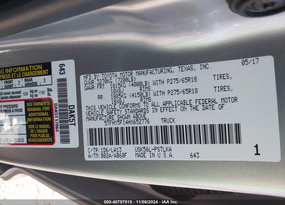 2017 TOYOTA TUNDRA LIMITED 5.7L V8 VIN: 5TFHY5F14HX652776