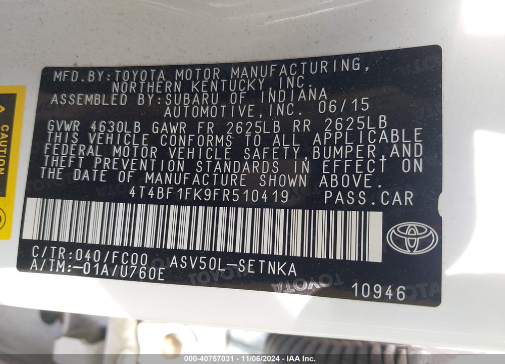 2015 TOYOTA CAMRY LE VIN: 4T4BF1FK9FR510419