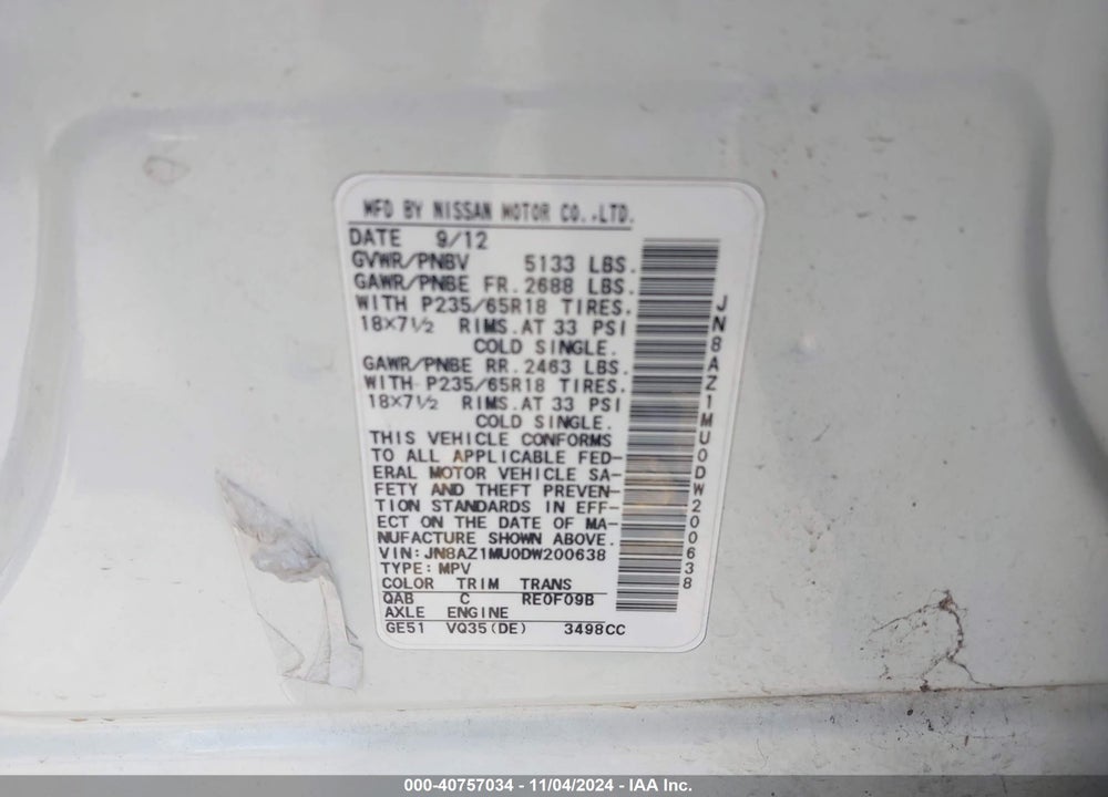 2013 NISSAN MURANO S VIN: JN8AZ1MU0DW200638