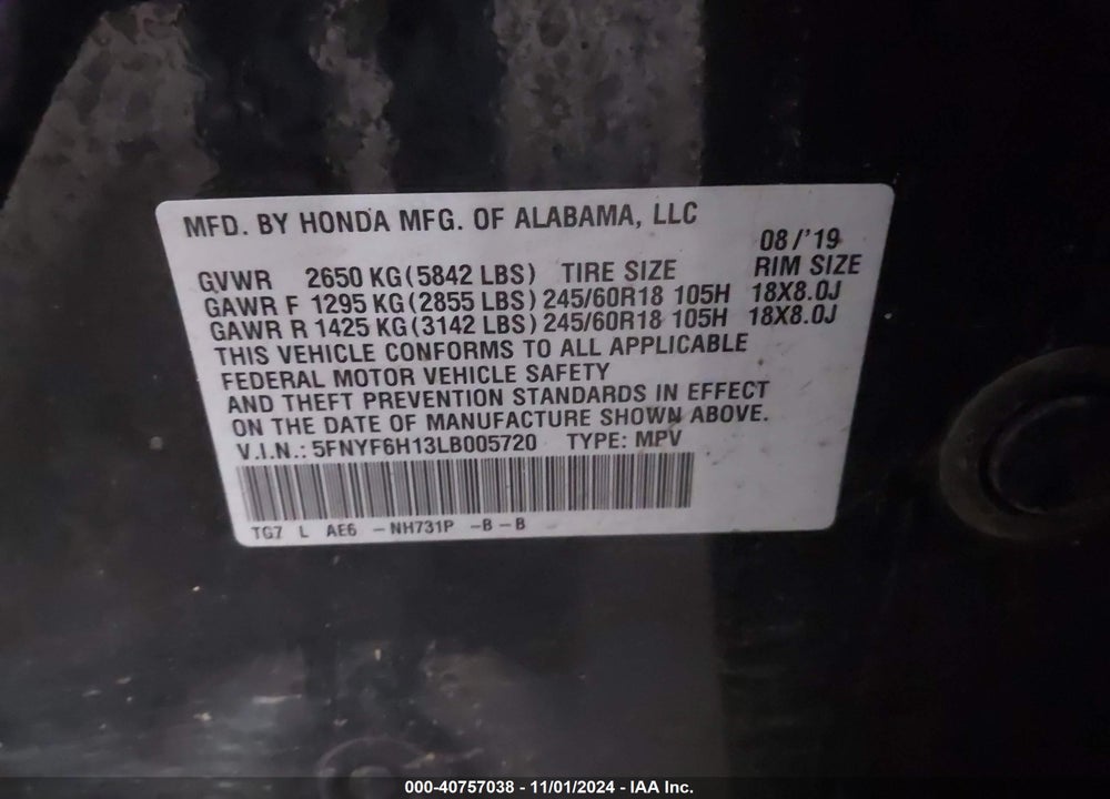 2020 HONDA PILOT AWD LX VIN: 5FNYF6H13LB005720