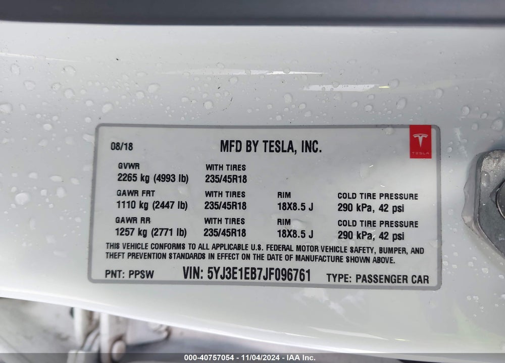 2018 TESLA MODEL 3 LONG RANGE/PERFORMANCE VIN: 5YJ3E1EB7JF096761