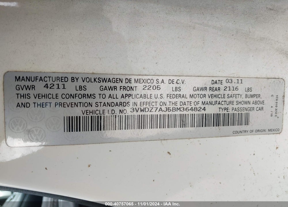 2011 VOLKSWAGEN JETTA 2.5L SE VIN: 3VWDZ7AJ5BM364824