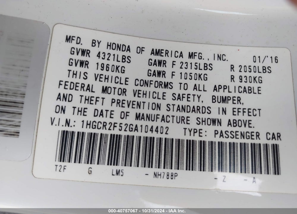 2016 HONDA ACCORD SPORT VIN: 1HGCR2F52GA104402