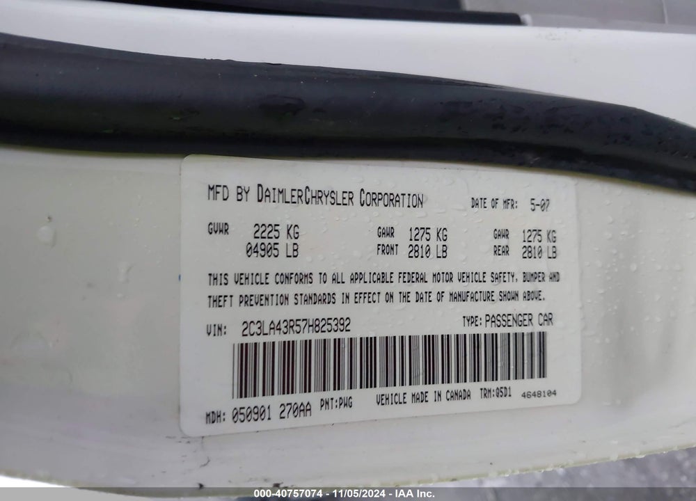 2007 CHRYSLER 300 VIN: 2C3LA43R57H825392