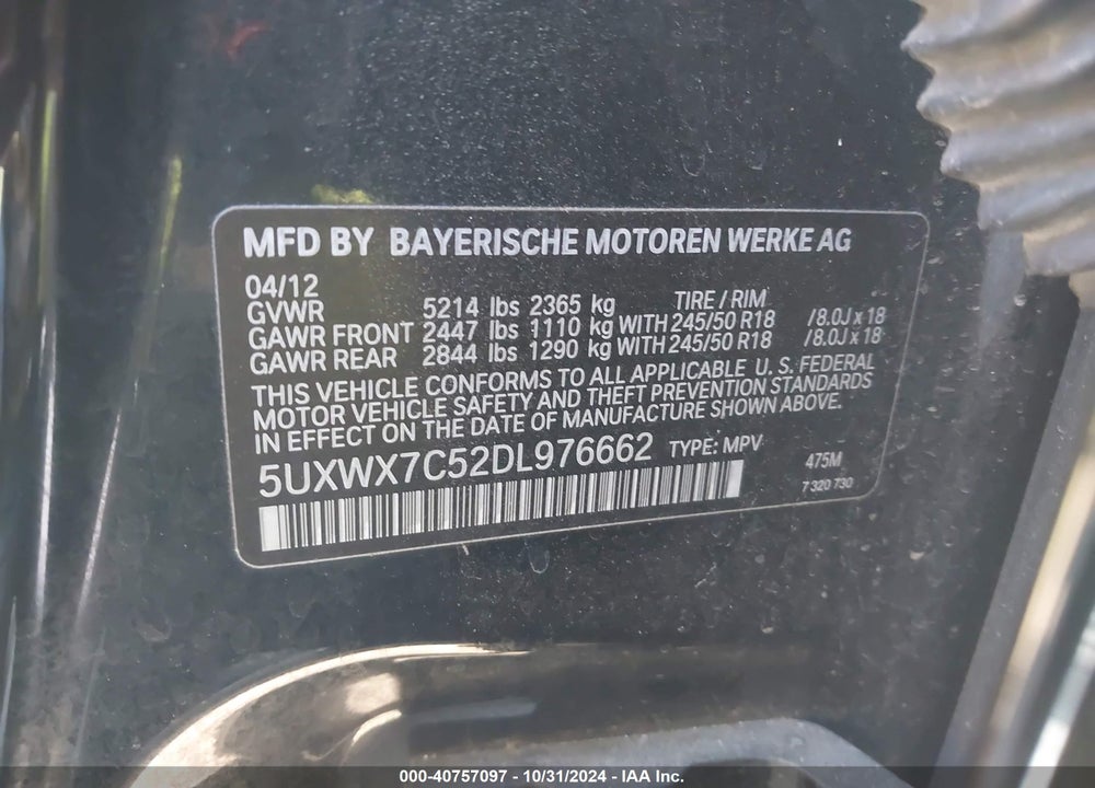 2013 BMW X3 XDRIVE35I VIN: 5UXWX7C52DL976662