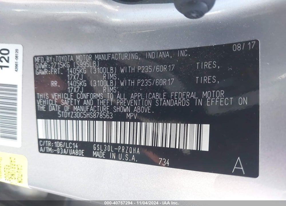 2017 TOYOTA SIENNA XLE 8 PASSENGER VIN: 5TDYZ3DC5HS878563