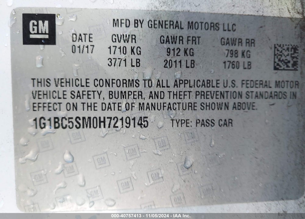 2017 CHEVROLET CRUZE LS AUTO VIN: 1G1BC5SM0H7219145