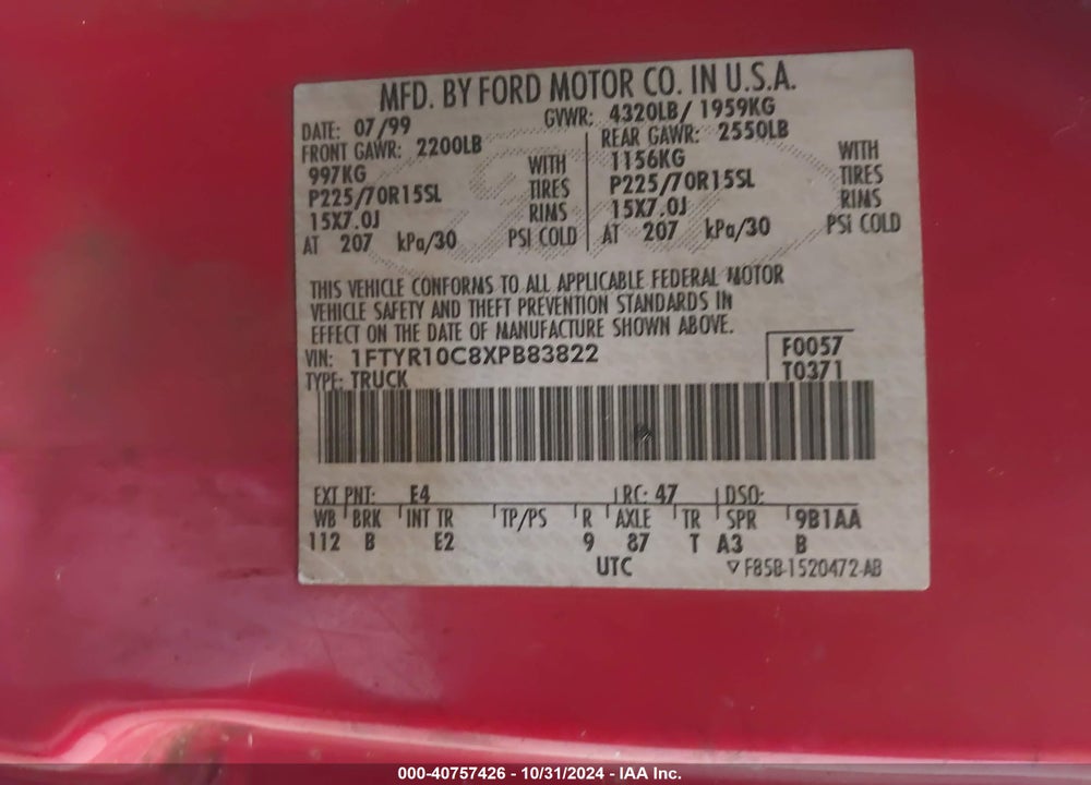 1999 FORD RANGER XL/XLT VIN: 1FTYR10C8XPB83822