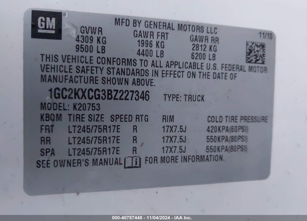 2011 CHEVROLET SILVERADO 2500HD LT VIN: 1GC2KXCG3BZ227346