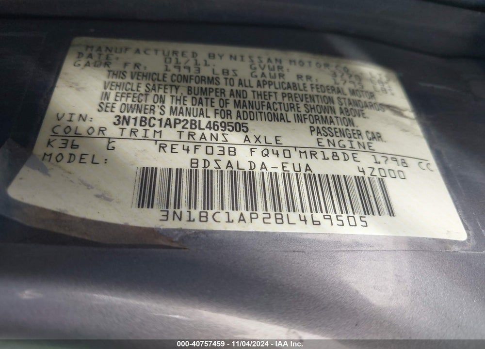 2011 NISSAN VERSA 1.8S VIN: 3N1BC1AP2BL469505