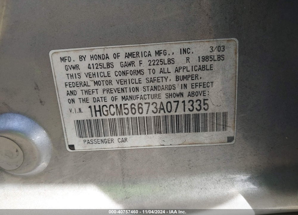 2003 HONDA ACCORD 2.4 EX VIN: 1HGCM56673A071335