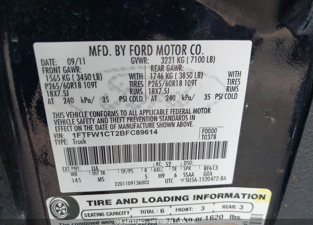 2011 FORD F-150 XLT VIN: 1FTFW1CT2BFC89614