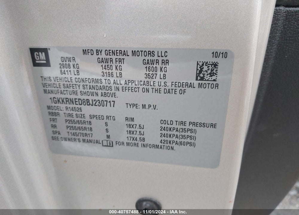 2011 GMC ACADIA SL VIN: 1GKKRNED8BJ230717