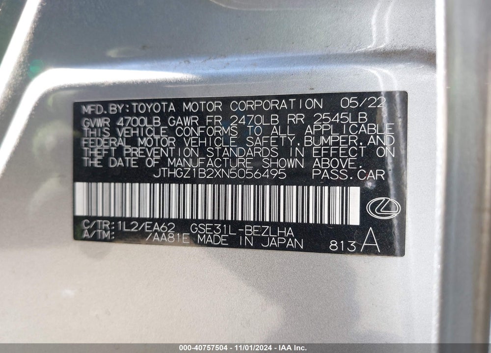 2022 LEXUS IS 350 F-SPORT VIN: JTHGZ1B2XN5056495