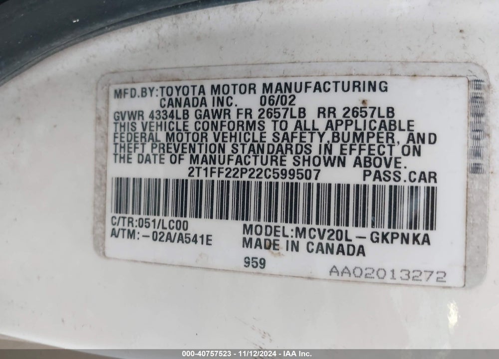 2002 TOYOTA CAMRY SOLARA SLE V6 VIN: 2T1FF22P22C599507