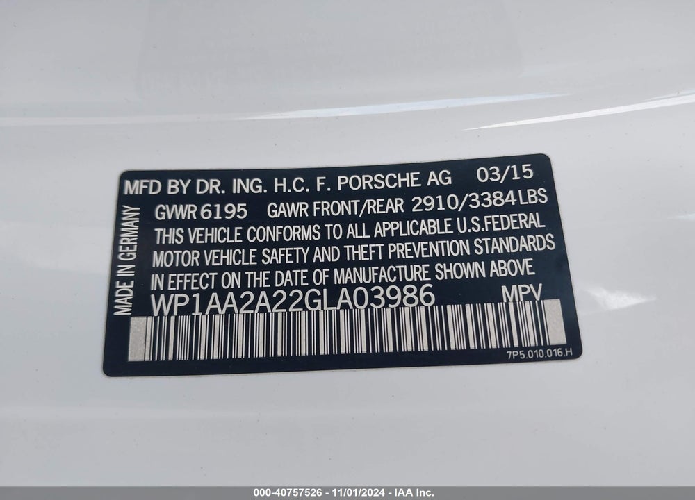 2016 PORSCHE CAYENNE VIN: WP1AA2A22GLA03986