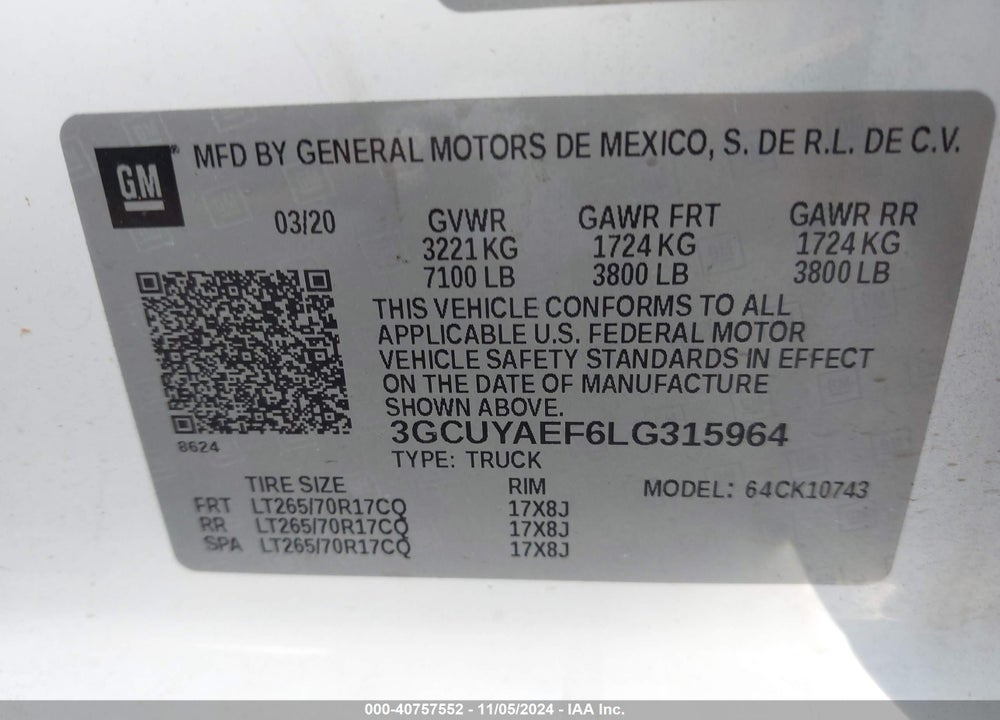2020 CHEVROLET SILVERADO 1500 4WD STANDARD BED WT VIN: 3GCUYAEF6LG315964