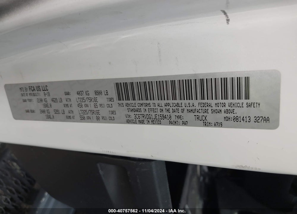 2018 RAM PROMASTER 2500 HIGH ROOF 159 WB VIN: 3C6TRVDG1JE159410