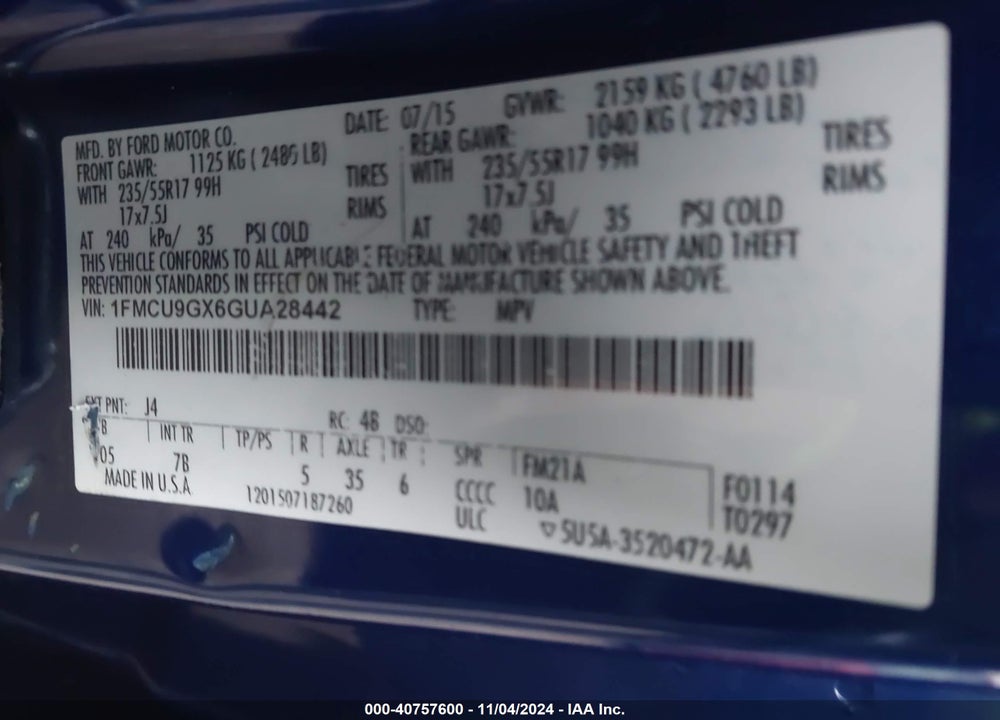 2016 FORD ESCAPE SE VIN: 1FMCU9GX6GUA28442