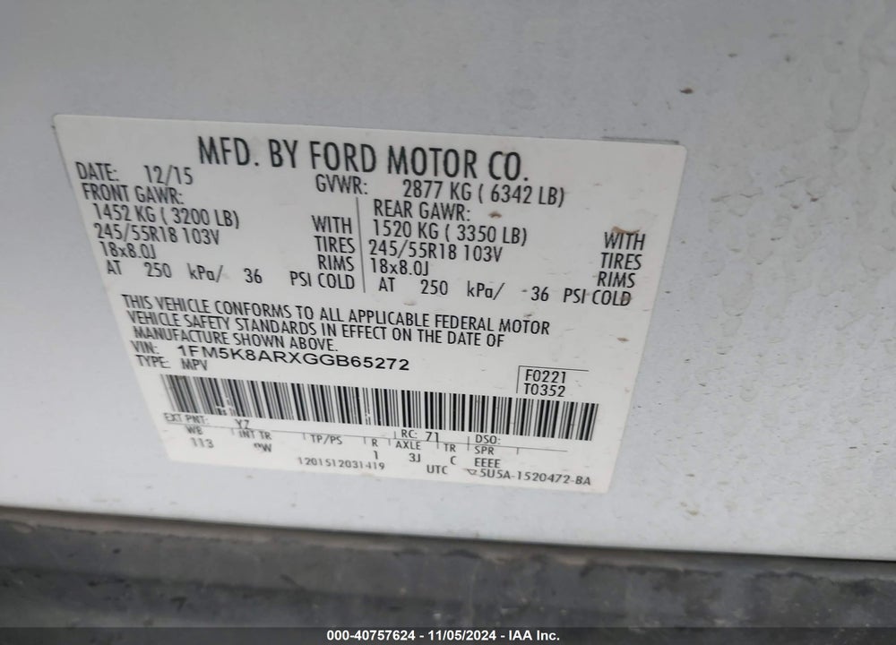 2016 FORD UTILITY POLICE INTERCEPTOR VIN: 1FM5K8ARXGGB65272