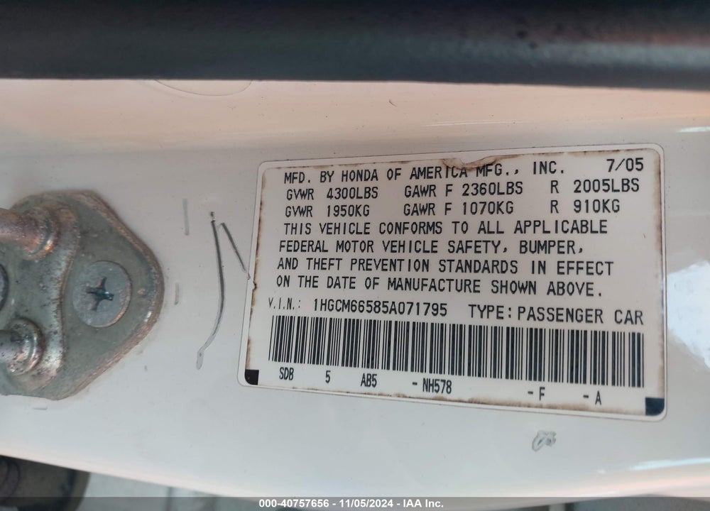 2005 HONDA ACCORD 3.0 EX VIN: 1HGCM66585A071795