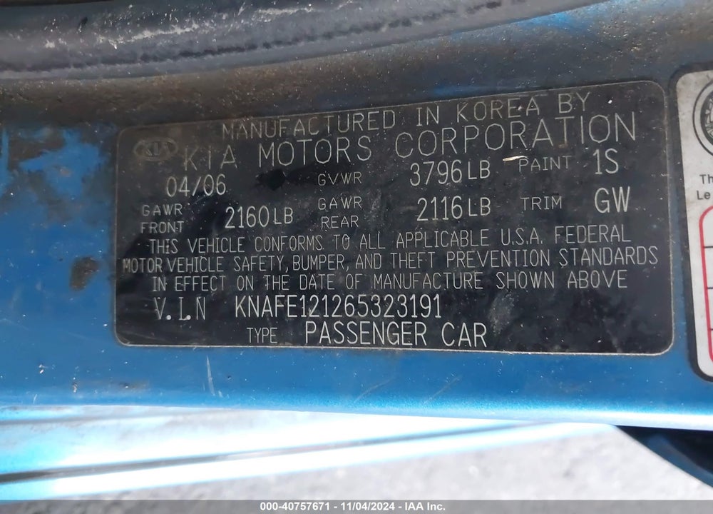 2006 KIA SPECTRA EX/LX/SX VIN: KNAFE121265323191