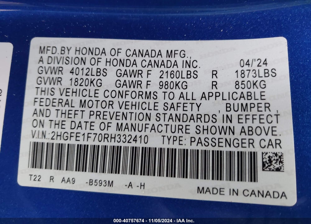 2024 HONDA CIVIC EX VIN: 2HGFE1F70RH332410