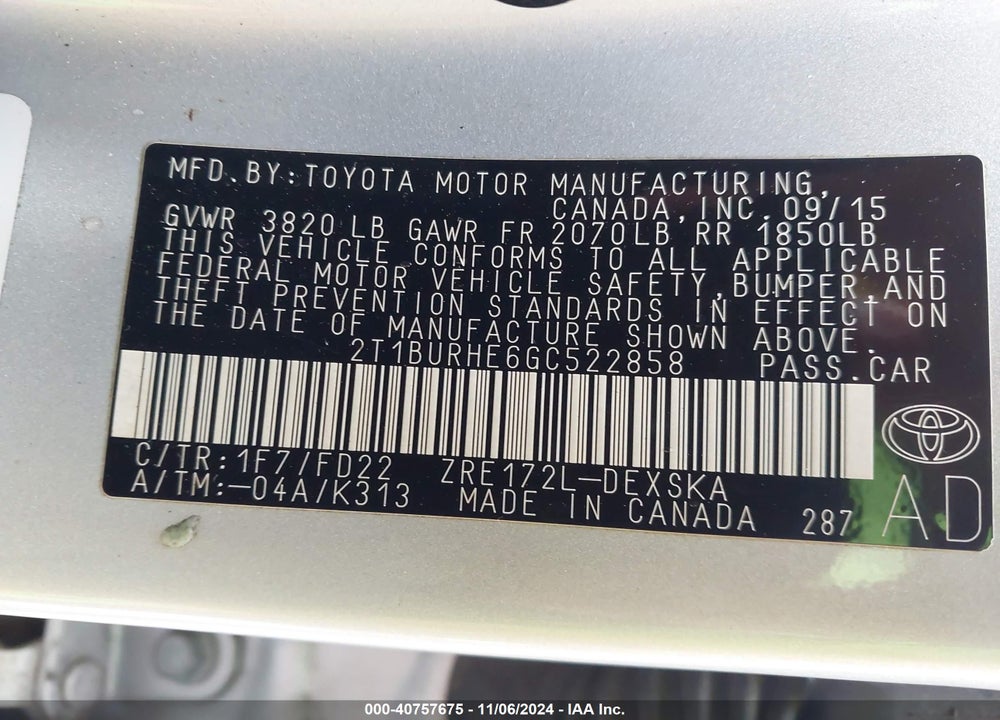 2016 TOYOTA COROLLA S VIN: 2T1BURHE6GC522858