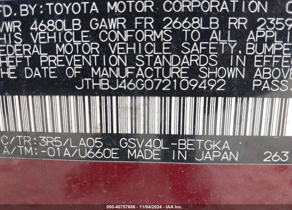 2007 LEXUS ES 350 VIN: JTHBJ46G072109492