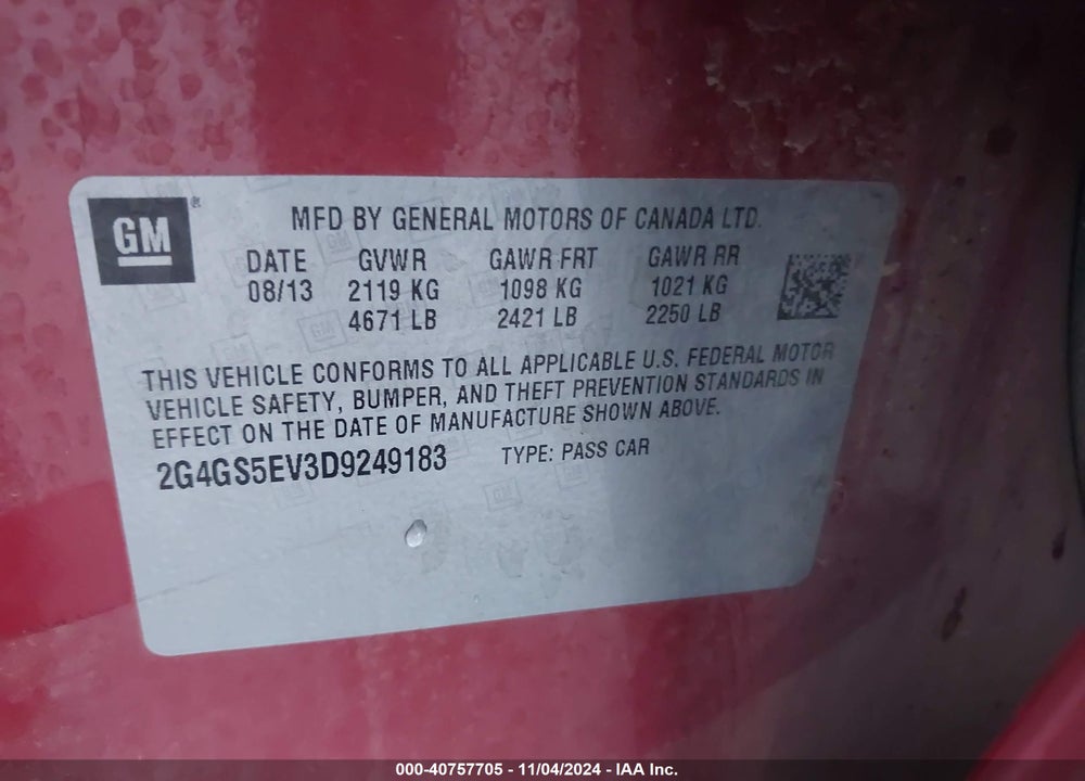 2013 BUICK REGAL TURBO PREMIUM 1 VIN: 2G4GS5EV3D9249183