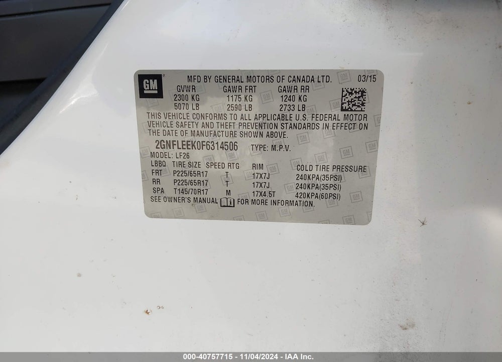 2015 CHEVROLET EQUINOX LS VIN: 2GNFLEEK0F6314506