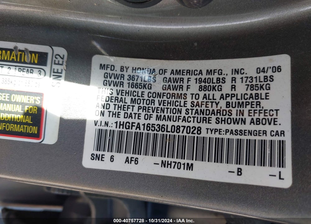 2006 HONDA CIVIC LX VIN: 1HGFA16536L087028