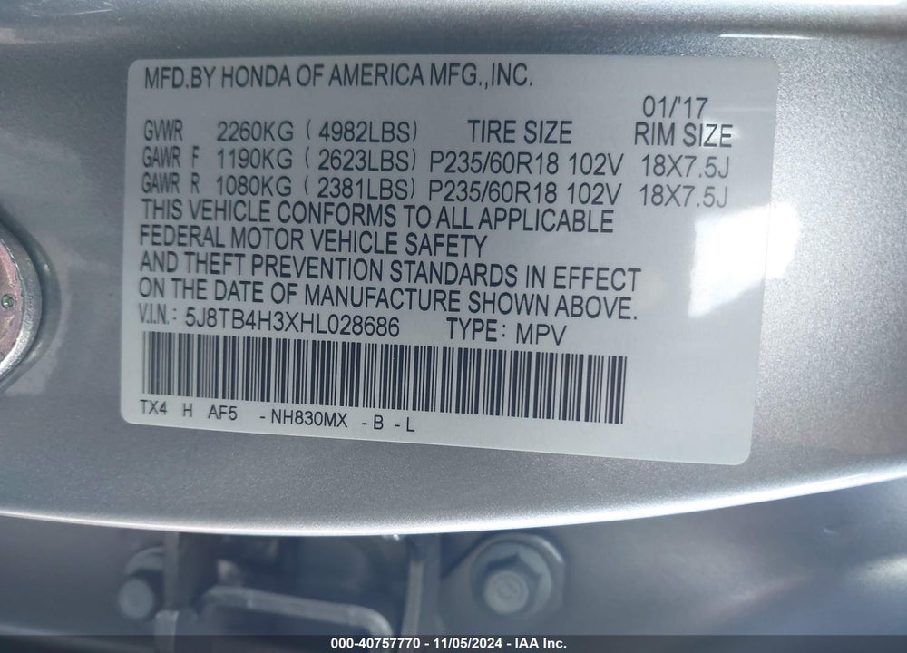 2017 ACURA RDX WATCH PLUS PACKAGE VIN: 5J8TB4H3XHL028686