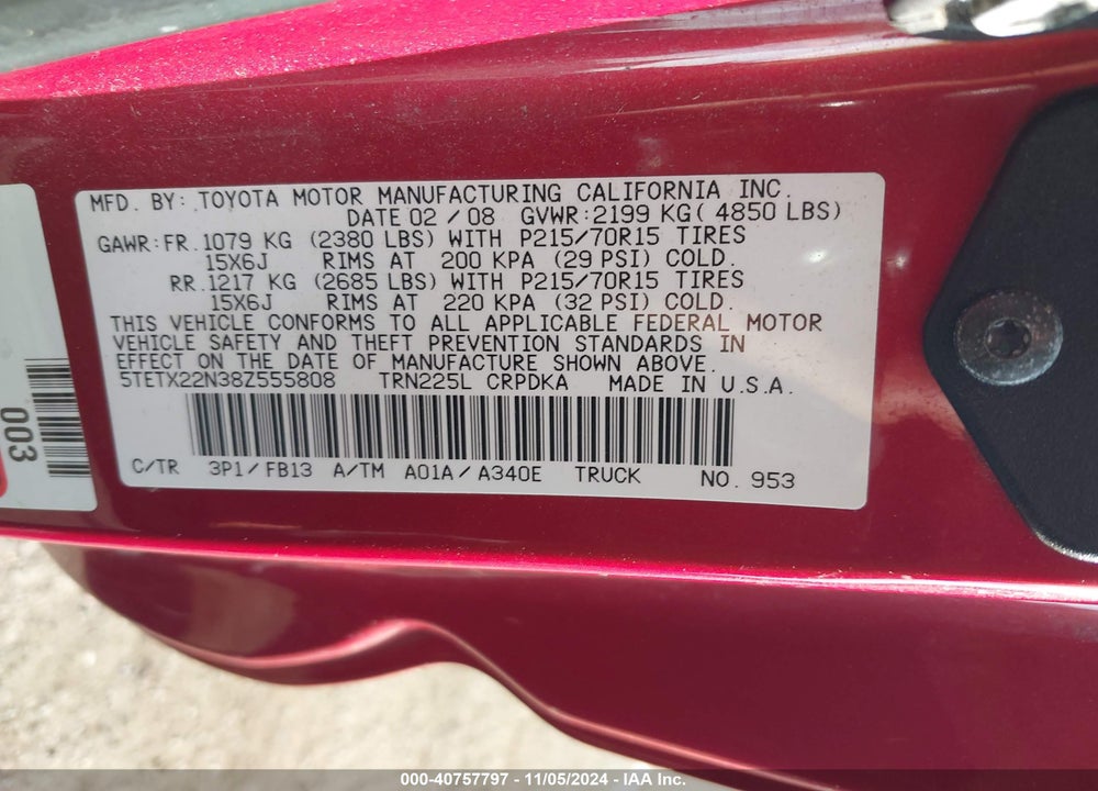 2008 TOYOTA TACOMA VIN: 5TETX22N38Z555808