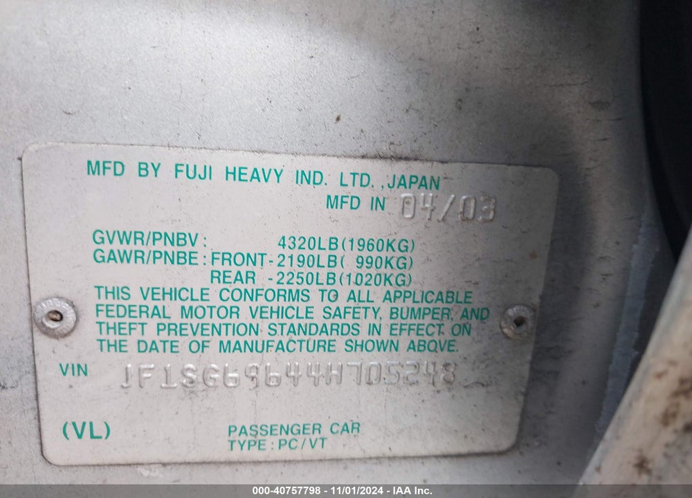 2004 SUBARU FORESTER 2.5XT VIN: JF1SG69644H705248