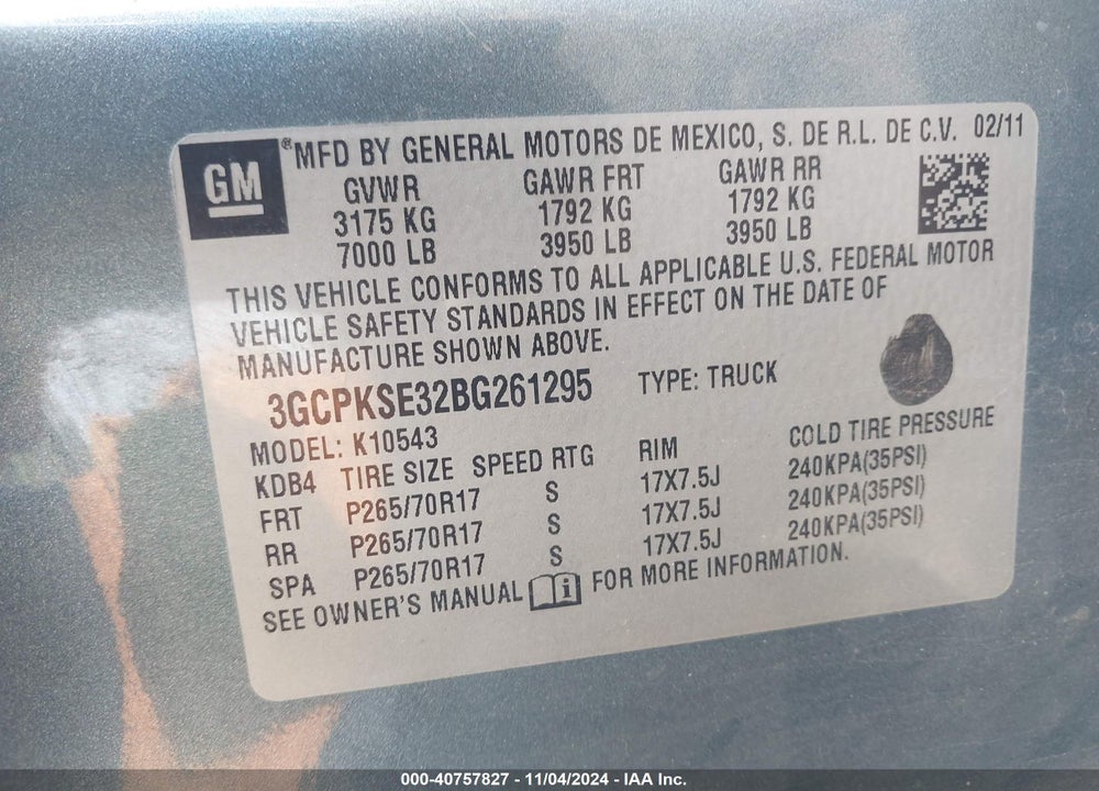 2011 CHEVROLET SILVERADO 1500 LT VIN: 3GCPKSE32BG261295