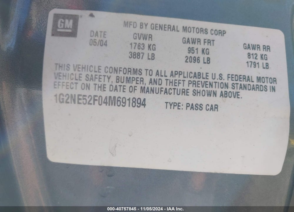 2004 PONTIAC GRAND AM SE VIN: 1G2NE52F04M691894
