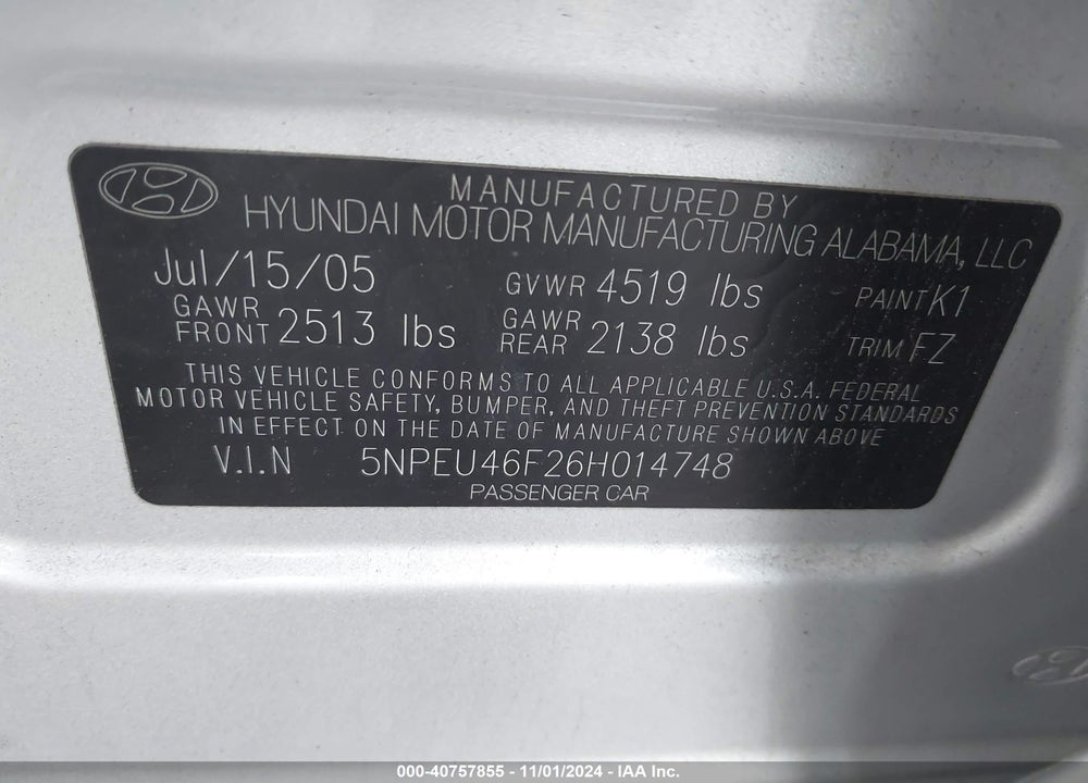 2006 HYUNDAI SONATA GLS V6/LX V6 VIN: 5NPEU46F26H014748