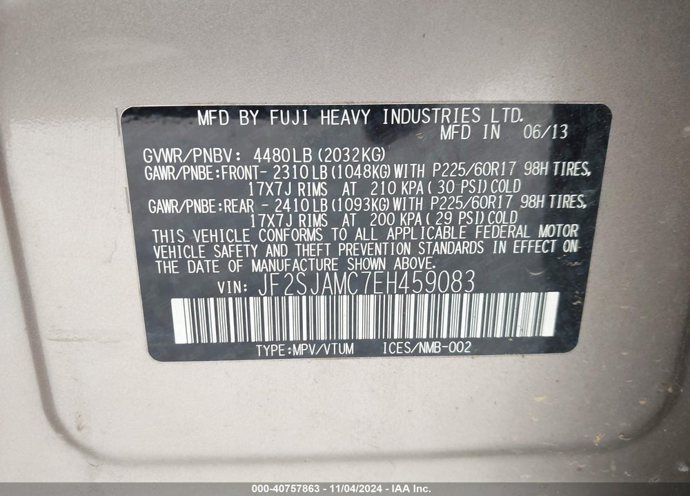 2014 SUBARU FORESTER VIN: JF2SJAMC7EH459083