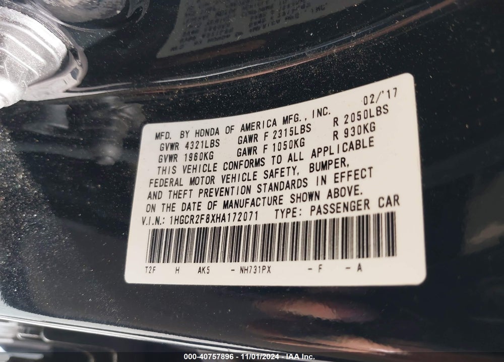 2017 HONDA ACCORD EX-L VIN: 1HGCR2F8XHA172071