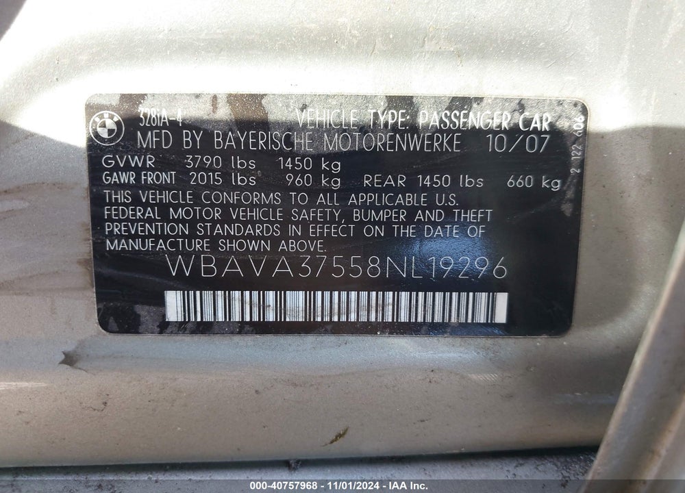 2008 BMW 328I VIN: WBAVA37558NL19296