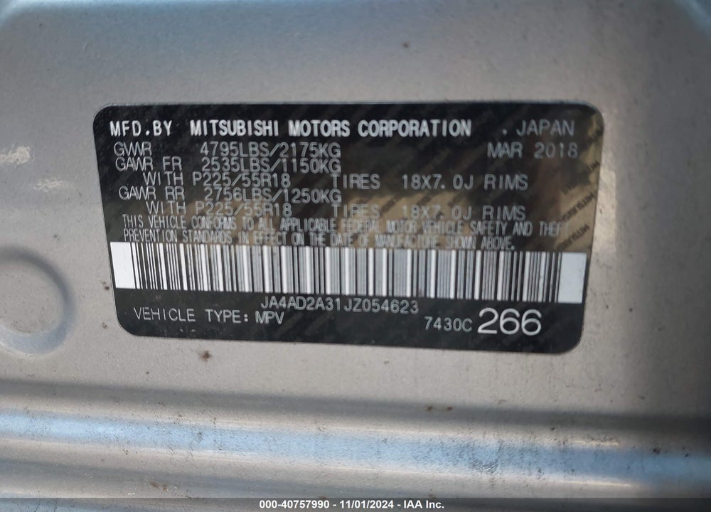 2018 MITSUBISHI OUTLANDER ES VIN: JA4AD2A31JZ054623