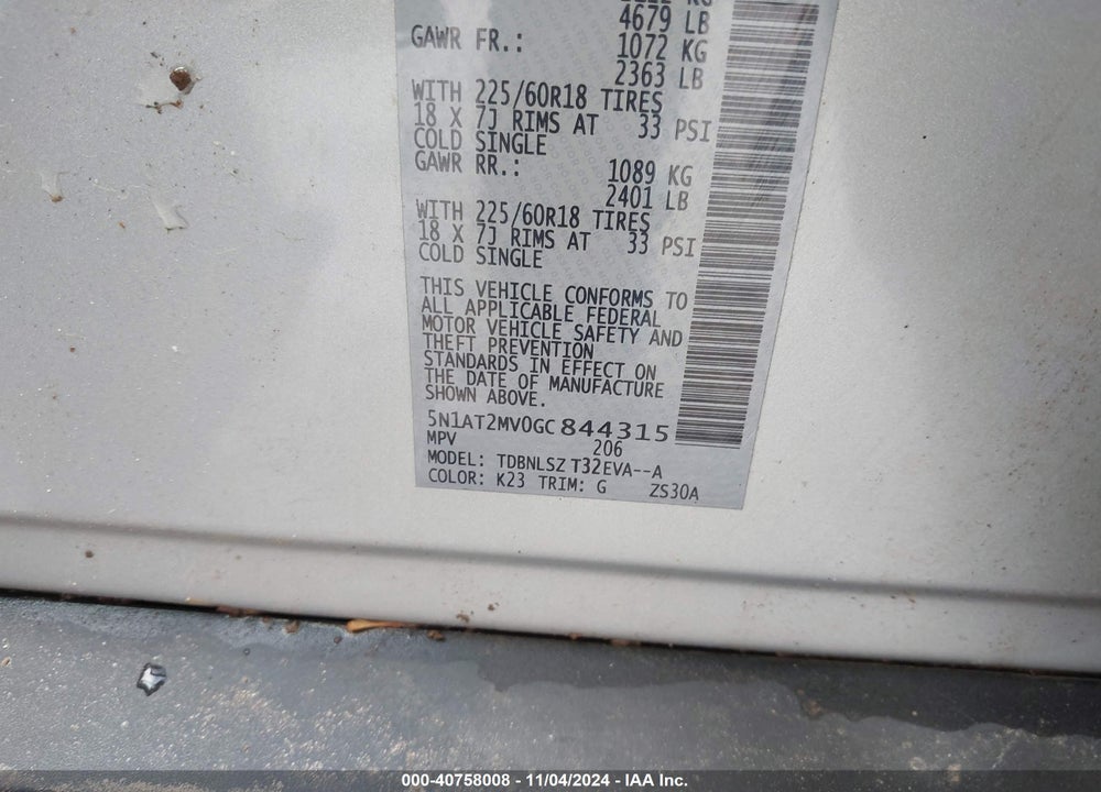 2016 NISSAN ROGUE SL VIN: 5N1AT2MV0GC844315