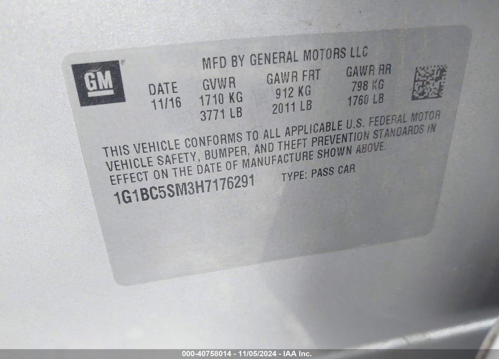 2017 CHEVROLET CRUZE LS AUTO VIN: 1G1BC5SM3H7176291