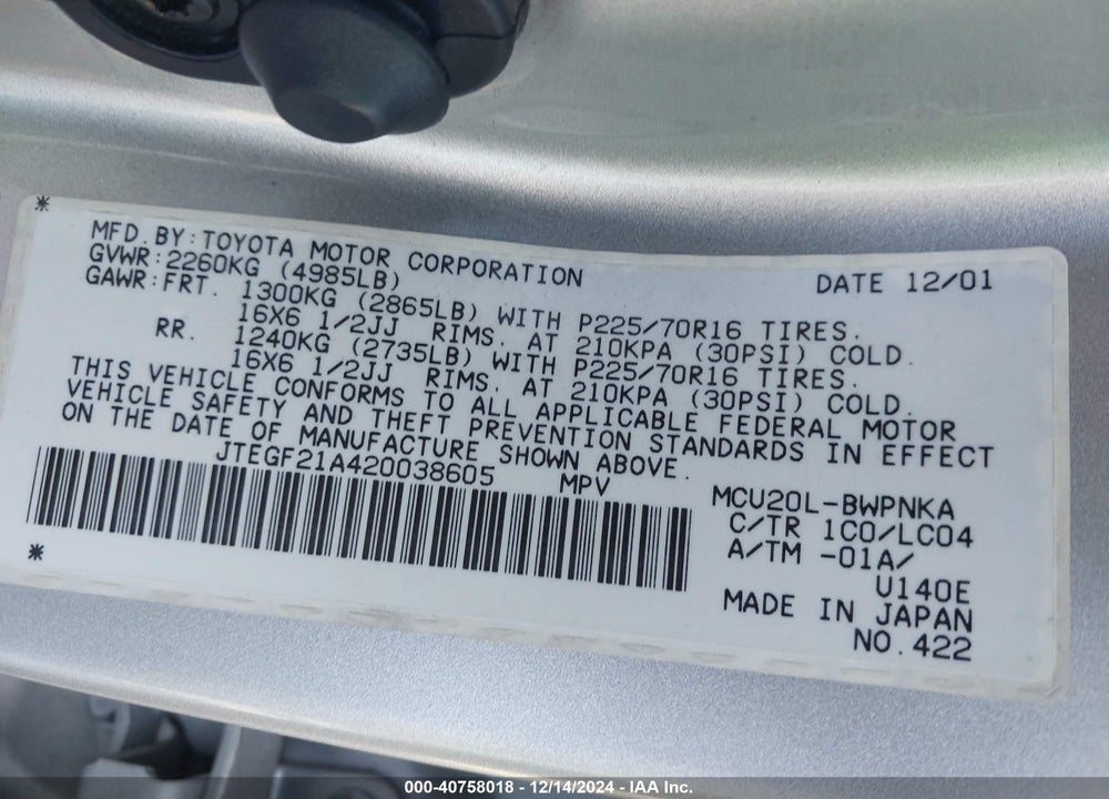 2002 TOYOTA HIGHLANDER LIMITED V6 VIN: JTEGF21A420038605
